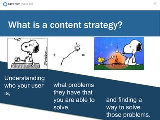 | SEO 201 37
Understanding
who your user
is,
What is a content strategy?
+ =
what problems
they have that
you are able to
solve,
and finding a
way to solve
those problems.
 