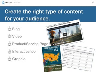 | SEO 201 45
Blog
Video
Product/Service Page
Interactive tool
Graphic
Create the right type of content
for your audience.
 