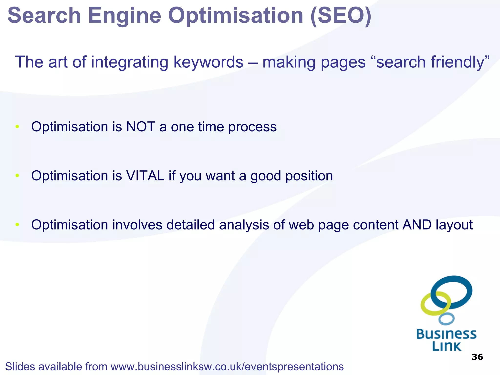 HTML Title This is what will be catalogued - about 80 characters 3 or 4 keywords Make each page title relevant to each particular page Where to place Keywords HTML Page Title 