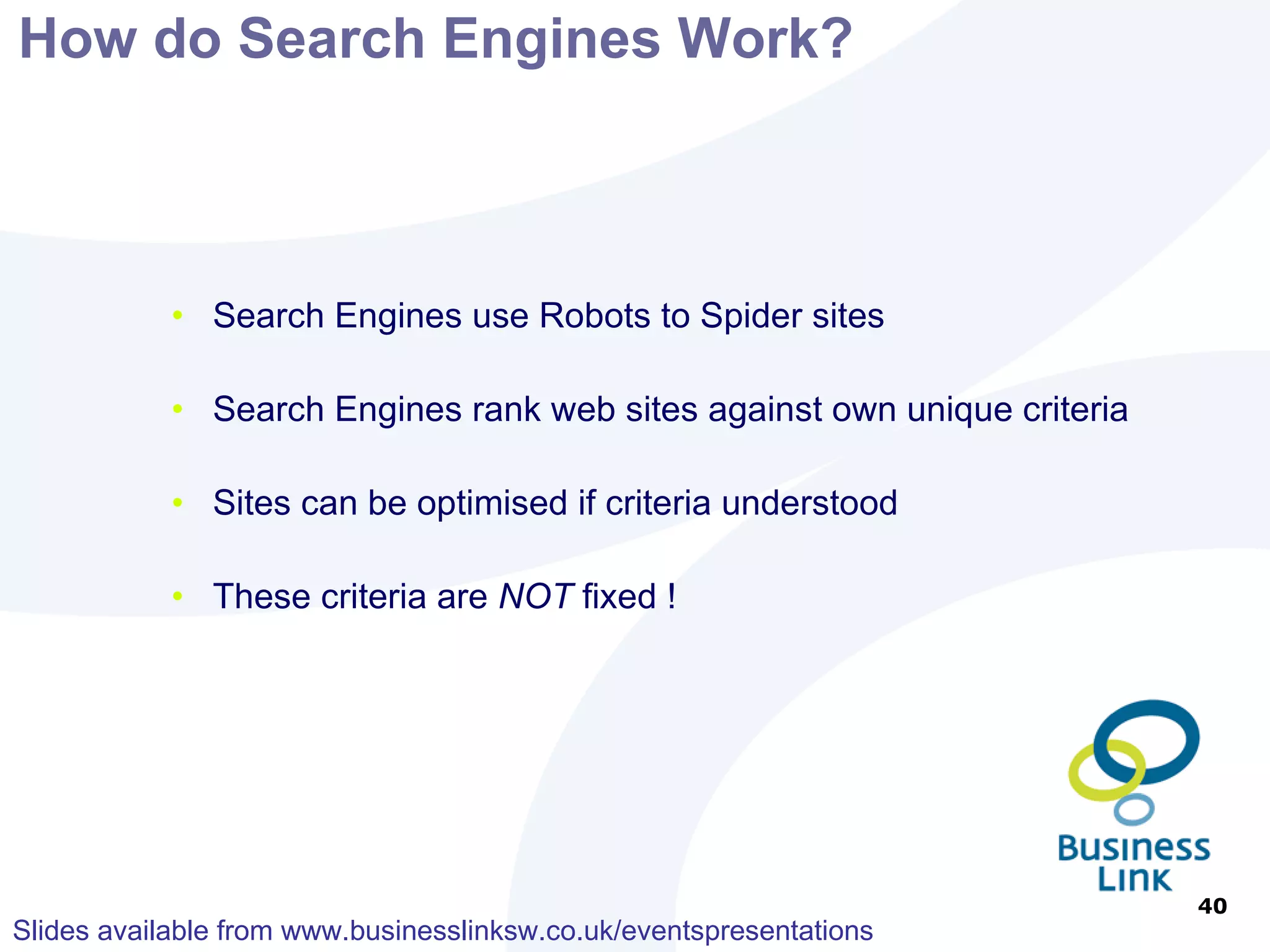 HTML page name    www.sbas.org.uk/non-executive-director.htm Images  non-executive-director.jpg Use keywords for Text Links [Anchor Text] Non Executive Directors Header Tags <H1> </H1> Where to place Keywords Name files with keywords 