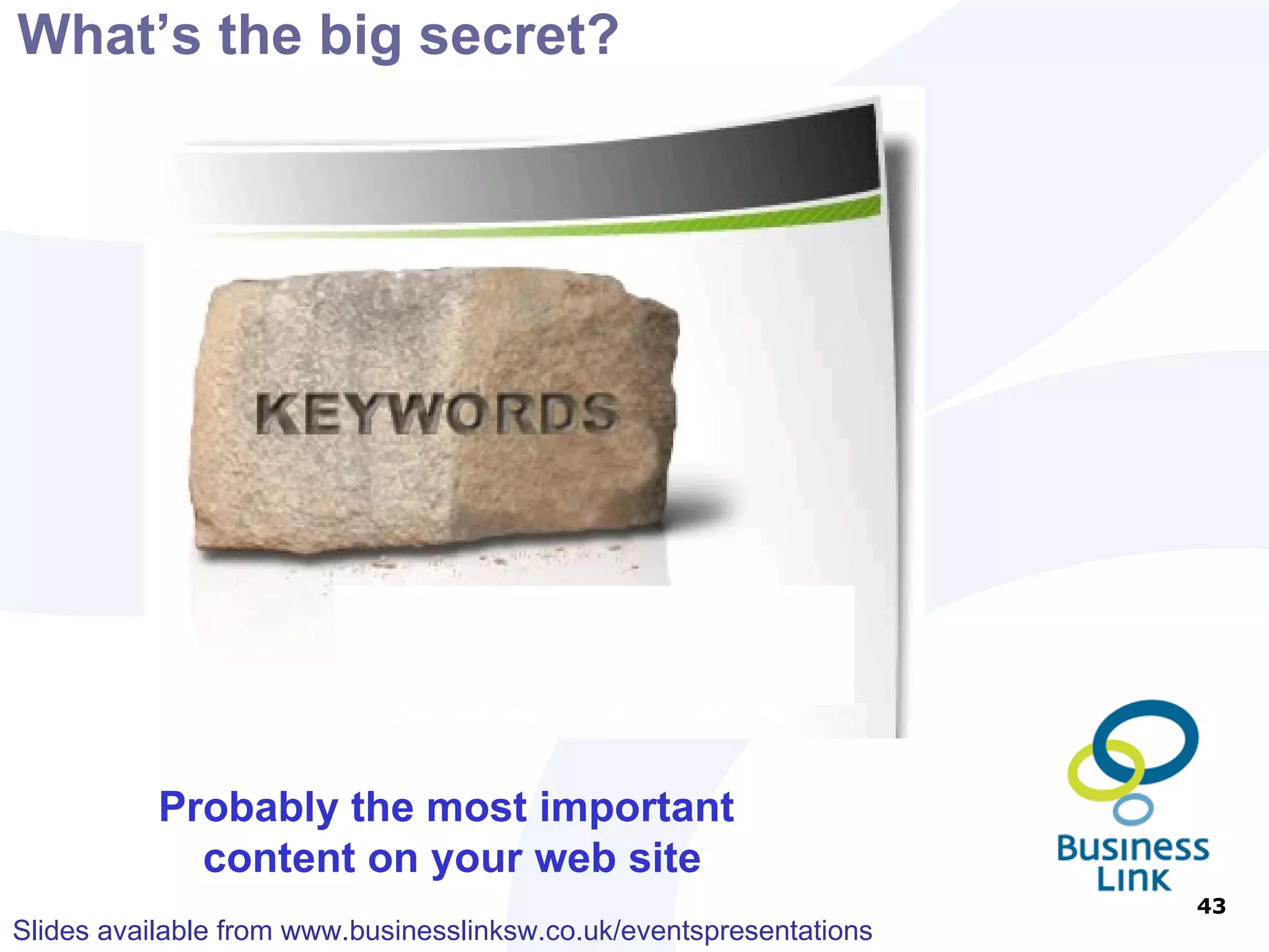 What Else Counts? Google will measure your site based on “relevance” The number of times it is clicked in a search The number of  INCOMING  links 