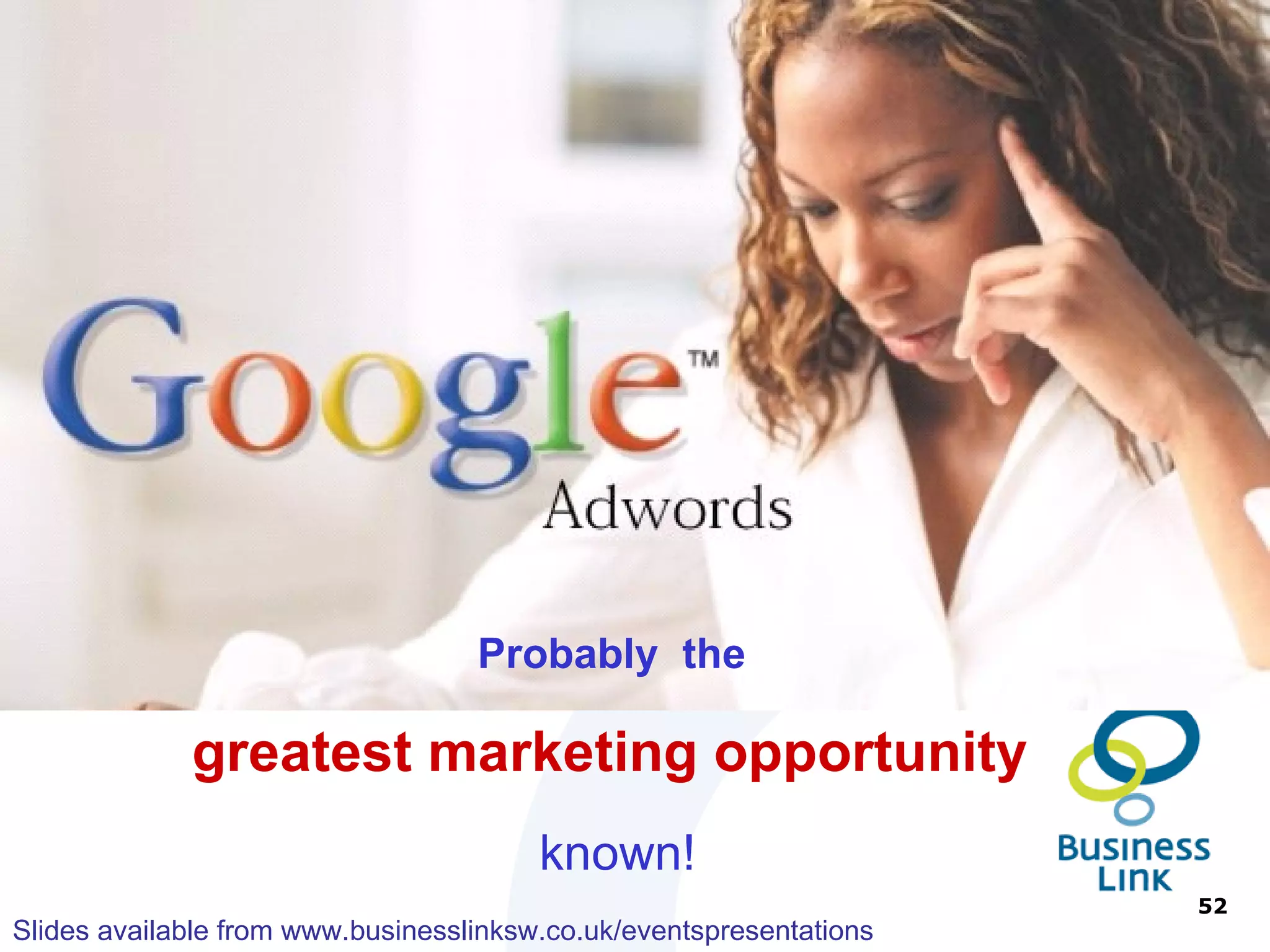 Pay per Click – How it works 1 st  ad on page Bid 30p per click Pay 3p 2nd ad on page Bid 20p per click Pay 1p 