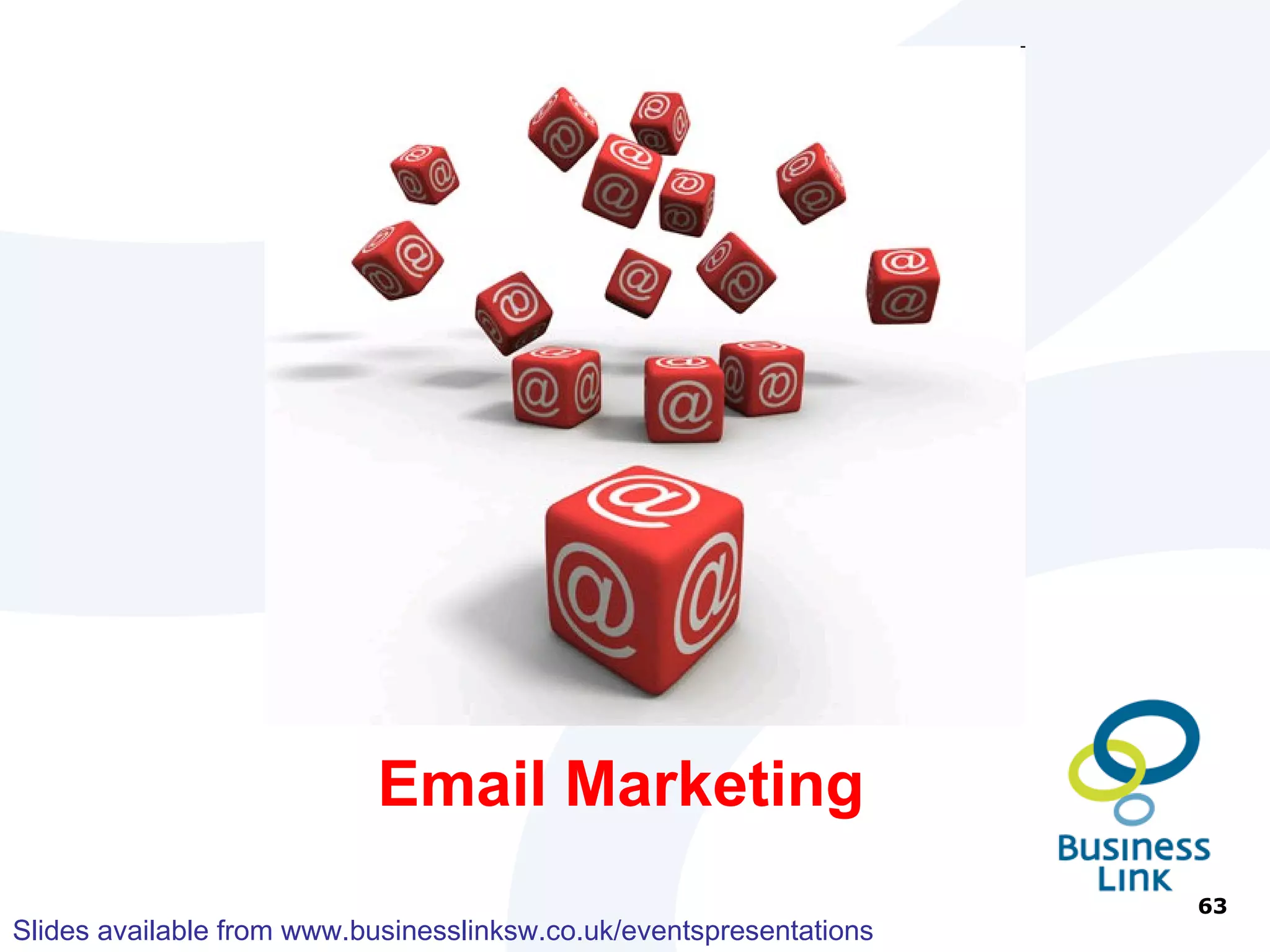 Why Email Marketing? Mailing list under 500 addresses – then free $30 - $50 per month = 3,000 – 5,000 emails Pay as You Go From $0.01 per email 
