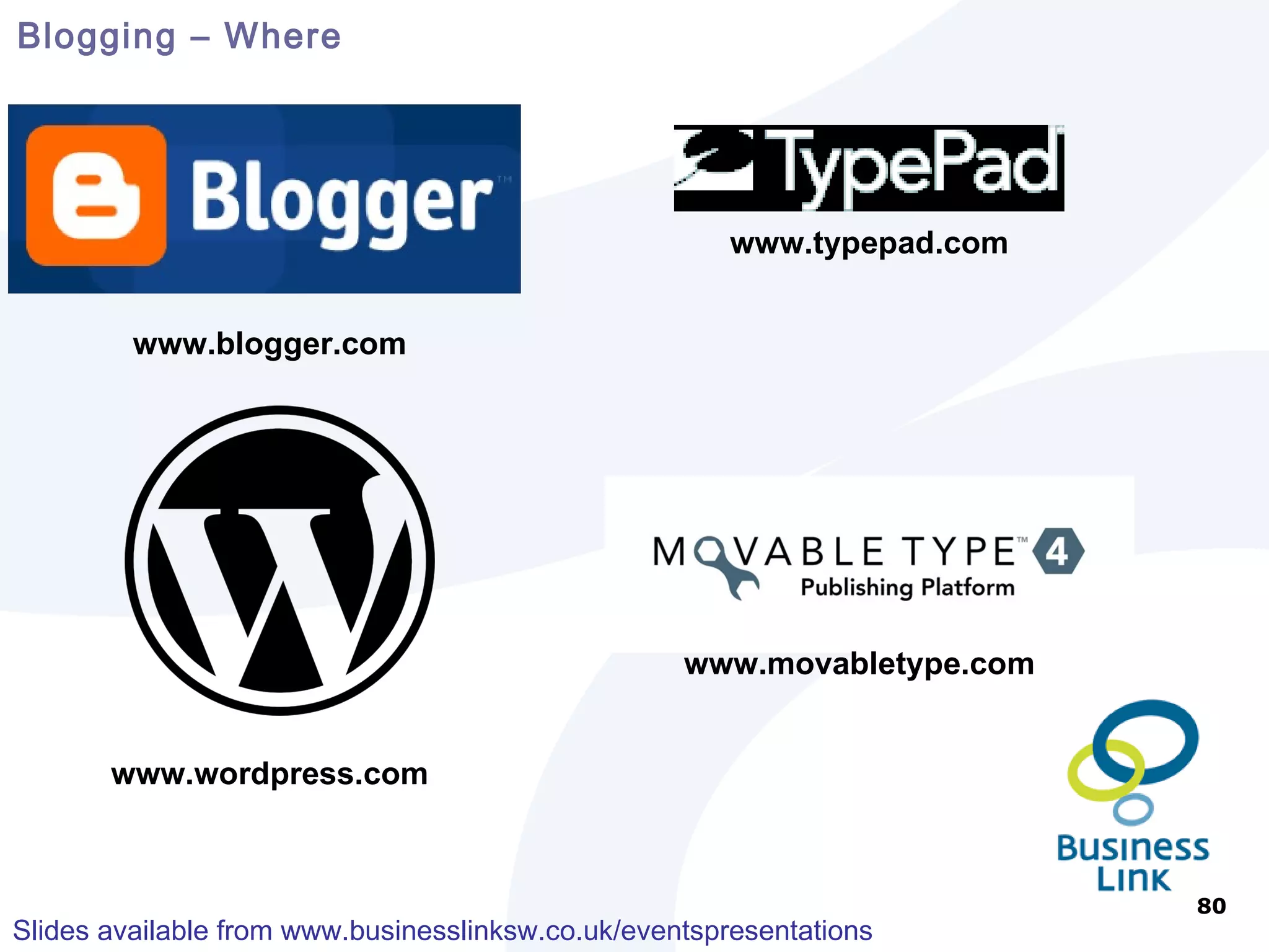 Online Networking - Why   Reach new audiences Facebook  – 400m MySpace – 110m Twitter –   110m LinkedIn  – 70m Bebo  – 40m Plaxo  – 15m Ecademy – 12m 