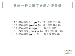 五步分析关键字难度之搜索量



（ A ）搜索结果少于 50 万：属于竟争较小的；
（ B ）搜索结果 30-100 万：属于中等偏小的；
（ C ）搜索结果 100-300 万：属于中等的；
（ D ）搜索结果 300-500 万：属于中等偏上的；
（ E ）搜索结果 500 万以上：属于高难度词。
 