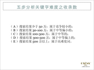 五步分析关键字难度之收录数



（ A ）搜索结果少于 50 万：属于竟争较小的；
（ B ）搜索结果 30-100 万：属于中等偏小的；
（ C ）搜索结果 100-300 万：属于中等的；
（ D ）搜索结果 300-500 万：属于中等偏上的；
（ E ）搜索结果 500 万以上：属于高难度词。
 