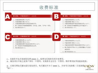 收费标准




1 、本报价不包含基础优化费 2000 元 ,  收费为实现排名的年度费用。
2 、服务项目开始之前客户预付一半费用，实现排名支付另一半费用。维护费用按季度提前收取。

3 、后期另增加关键词进行优化排名，每关键词不少于 1000 元，并参考百度指数（百度指数
*10 ）。
 