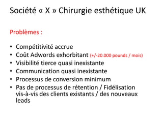 Société « X » Chirurgie esthétique UK

Problèmes :

•   Compétitivité accrue
•   Coût Adwords exhorbitant (+/-20.000 pounds / mois)
•   Visibilité tierce quasi inexistante
•   Communication quasi inexistante
•   Processus de conversion minimum
•   Pas de processus de rétention / Fidélisation
    vis-à-vis des clients existants / des nouveaux
    leads
 