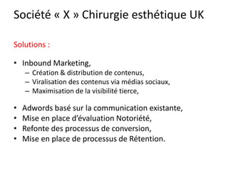 Société « X » Chirurgie esthétique UK

Solutions :

• Inbound Marketing,
    – Création & distribution de contenus,
    – Viralisation des contenus via médias sociaux,
    – Maximisation de la visibilité tierce,

•   Adwords basé sur la communication existante,
•   Mise en place d’évaluation Notoriété,
•   Refonte des processus de conversion,
•   Mise en place de processus de Rétention.
 