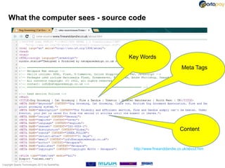 What the computer sees - source code




                                                   Key Words
                                                                               Meta Tags




                                                                              Content


                                                    http://www.fineanddandie.co.uk/about.htm



Copyright Sparta Technologies 2013 t/a SpartaPay
 