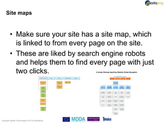 Site maps



         • Make sure your site has a site map, which
           is linked to from every page on the site.
         • These are liked by search engine robots
           and helps them to find every page with just
           two clicks.




Copyright Sparta Technologies 2013 t/a SpartaPay
 