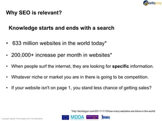 Why SEO is relevant?

        Knowledge starts and ends with a search

     • 633 million websites in the world today*

     • 200,000+ increase per month in websites*

     • When people surf the internet, they are looking for specific information.

     • Whatever niche or market you are in there is going to be competition.

     • If your website isn't on page 1, you stand less chance of getting sales?




                                                   *http://techlogon.com/2011/11/15/how-many-websites-are-there-in-the-world/

Copyright Sparta Technologies 2013 t/a SpartaPay
 