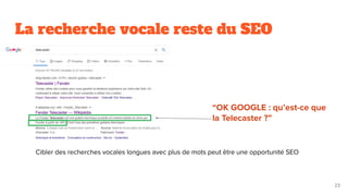 La recherche vocale reste du SEO
23
“OK GOOGLE : qu’est-ce que
la Telecaster ?”
Cibler des recherches vocales longues avec plus de mots peut être une opportunité SEO
 