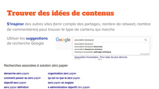 Trouver des idées de contenus
S’inspirer des autres sites (tenir compte des partages, nombre de retweet, nombre
de commentaires) pour trouver le type de contenu qui marche
Utiliser les suggestions
de recherche Google
 