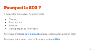 Pourquoi le SEO ?
Il existe des alternatives / compléments :
● Phoning
● Porte à porte
● Publicité
● Mailing papier ou numérique
Parce que c’est une automatisation d’un processus d’acquisition client
Parce que les prospects arrivent souvent déjà qualiﬁés
6
 