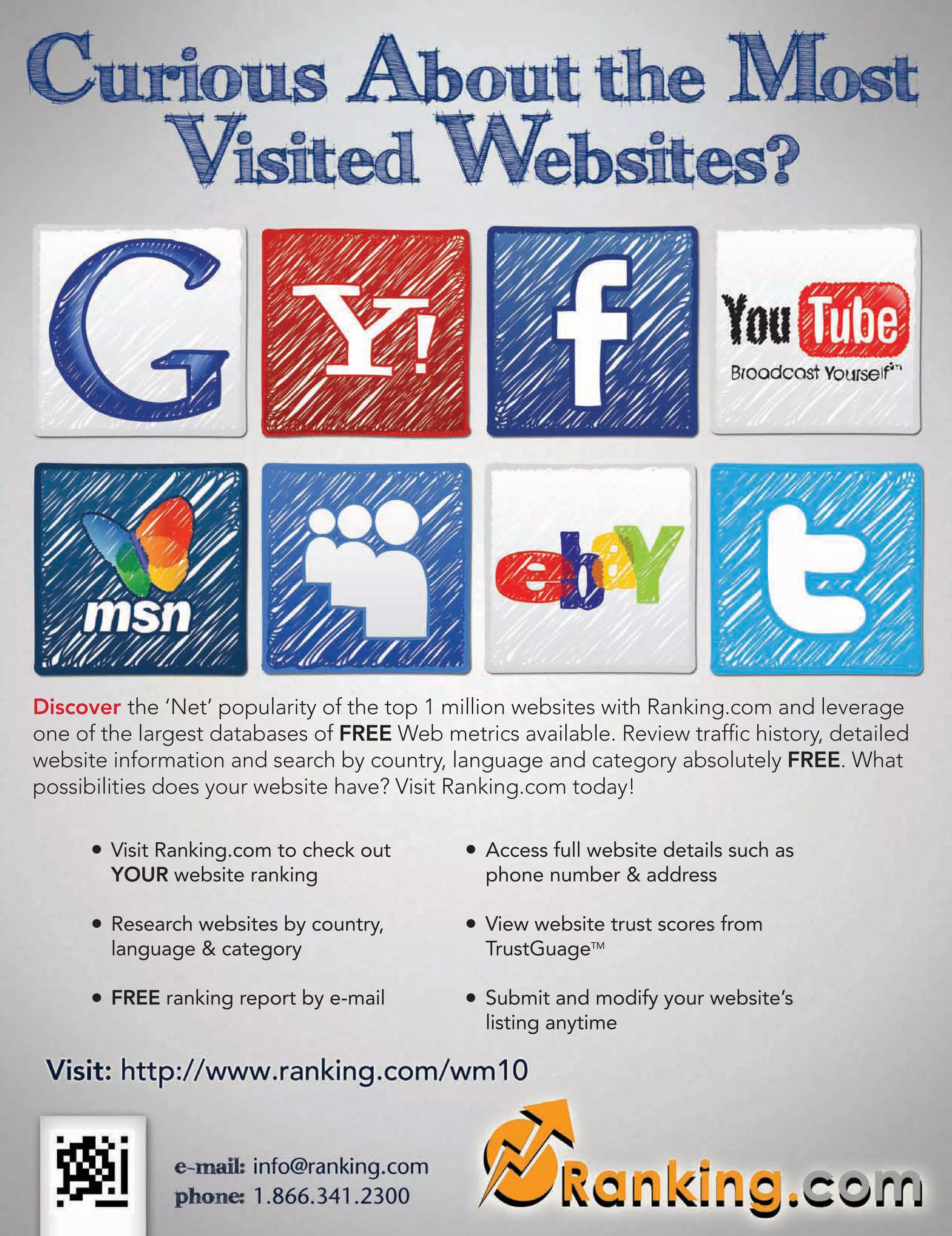 Discover the ‘Net’ popularity of the top 1 million websites with Ranking.com and leverage
one of the largest databases of FREE Web metrics available. Review traffic history, detailed
website information and search by country, language and category absolutely FREE. What
possibilities does your website have? Visit Ranking.com today!

        Visit Ranking.com to check out         Access full website details such as
        YOUR website ranking                   phone number & address

        Research websites by country,          View website trust scores from
        language & category                    TrustGuageTM

        FREE ranking report by e-mail          Submit and modify your website’s
                                               listing anytime
 