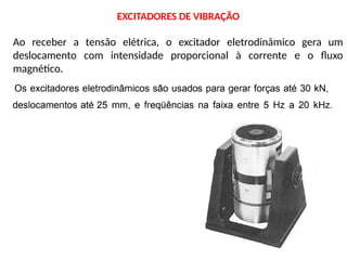 EXCITADORES DE VIBRAÇÃO
Ao receber a tensão elétrica, o excitador eletrodinâmico gera um
deslocamento com intensidade proporcional à corrente e o fluxo
magnético.
 
