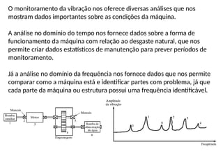 O monitoramento da vibração nos oferece diversas análises que nos
mostram dados importantes sobre as condições da máquina.
A análise no domínio do tempo nos fornece dados sobre a forma de
funcionamento da máquina com relação ao desgaste natural, que nos
permite criar dados estatísticos de manutenção para prever períodos de
monitoramento.
Já a análise no domínio da frequência nos fornece dados que nos permite
comparar como a máquina está e identificar partes com problema, já que
cada parte da máquina ou estrutura possui uma frequência identificável.
 