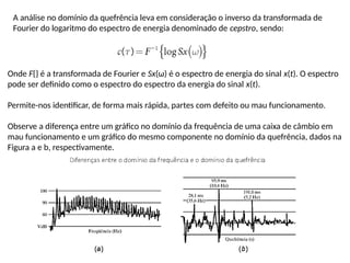 A análise no domínio da quefrência leva em consideração o inverso da transformada de
Fourier do logaritmo do espectro de energia denominado de cepstro, sendo:
Onde F{} é a transformada de Fourier e Sx(ω) é o espectro de energia do sinal x(t). O espectro
pode ser definido como o espectro do espectro da energia do sinal x(t).
Permite-nos identificar, de forma mais rápida, partes com defeito ou mau funcionamento.
Observe a diferença entre um gráfico no domínio da frequência de uma caixa de câmbio em
mau funcionamento e um gráfico do mesmo componente no domínio da quefrência, dados na
Figura a e b, respectivamente.
 