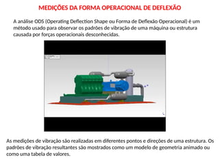 A análise ODS (Operating Deflection Shape ou Forma de Deflexão Operacional) é um
método usado para observar os padrões de vibração de uma máquina ou estrutura
causada por forças operacionais desconhecidas.
As medições de vibração são realizadas em diferentes pontos e direções de uma estrutura. Os
padrões de vibração resultantes são mostrados como um modelo de geometria animado ou
como uma tabela de valores.
MEDIÇÕES DA FORMA OPERACIONAL DE DEFLEXÃO
 