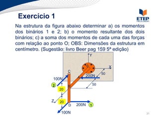 Exercício 1
Na estrutura da figura abaixo determinar a) os momentos
dos binários 1 e 2; b) o momento resultante dos dois
binários; c) a soma dos momentos de cada uma das forças
com relação ao ponto O; OBS: Dimensões da estrutura em
centímetro. (Sugestão: livro Beer pag 159 5ª edição)
                                       Y

                                   0                 X
                        C
                                                50
                            A   200N
                100N
               2                           50
                        B
                   20


               Z   20
                        D   200N       1

                   100N                                   31
 