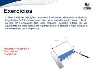 Exercícios
2- Para satisfazer limitações de projeto é necessário determinar o efeito da
força trativa F= 2 kN atuando no cabo, sobre o cisalhamento, tração e flexão
da viga em I engastada. Com esse propósito substitua a força por seu
equivalente em duas forças em A perpendicular e paralela a viga. Calcule o
torque exercido por F no ponto A.




                                             30 cm



                                                                 A
Respota: Ft=1,286 KN e
Fn=1,532 KN                                                               200

T=459,6 Nm
                                                           300
                                                                      F
                                               B
 