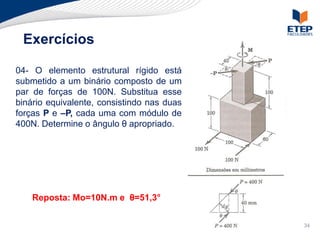 Exercícios

04- O elemento estrutural rígido está
submetido a um binário composto de um
par de forças de 100N. Substitua esse
binário equivalente, consistindo nas duas
forças P e –P, cada uma com módulo de
400N. Determine o ângulo θ apropriado.




    Reposta: Mo=10N.m e θ=51,3°


                                            34
 