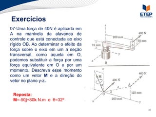 Exercícios
07-Uma força de 40N é aplicada em
A na manivela da alavanca de
controle que está conectada ao eixo
rígido OB. Ao determinar o efeito da
força sobre o eixo em um a seção
transversal, como aquela em O,
podemos substituir a força por uma
força equivalente em O e por um
momento. Descreva esse momento
como um vetor M e a direção do
vetor no plano y-z.


 Reposta:
 M=-50j+80k N.m e θ=32º

                                       38
 
