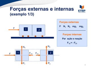 Forças externas e internas
(exemplo 1/3)
                                  Forças externas
                                  F   N1 N2 mg1         mg2
    F        1           2

                                      Forças internas
                                      Par ação e reação
                                          F12 = - F21
            N1               N2


F       1        F12   F21    2



            P1               P2
                                                              4
 