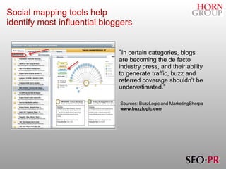 Social mapping tools help  identify most influential bloggers “ In certain categories, blogs are becoming the de facto industry press, and their ability to generate traffic, buzz and referred coverage shouldn’t be underestimated.” Sources: BuzzLogic and MarketingSherpa www.buzzlogic.com 