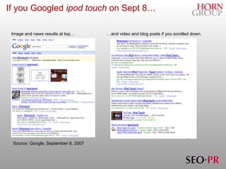 If you Googled  ipod touch  on Sept 8… Source: Google, September 8, 2007 Image and news results at top… …and video and blog posts if you scrolled down. 