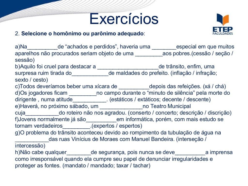 Exercícios Homônimos E Parônimos 6 Ano Com Gabarito