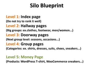 Silo Blueprint
Level 1: Index page
(Do not try to rank it well)
Level 2: Hallway pages
(Big groups: ex.clothes, footwear, men/women...)
Level 3: Doorway pages
(Next group level: seasons, occasions...)
Level 4: Group pages
(Categories: ex. shirts, dresses, suits, shoes, sneakers...)
Level 5: Money Page
(Products: WordPress T-shirt, WooCommerce sneakers...)
 