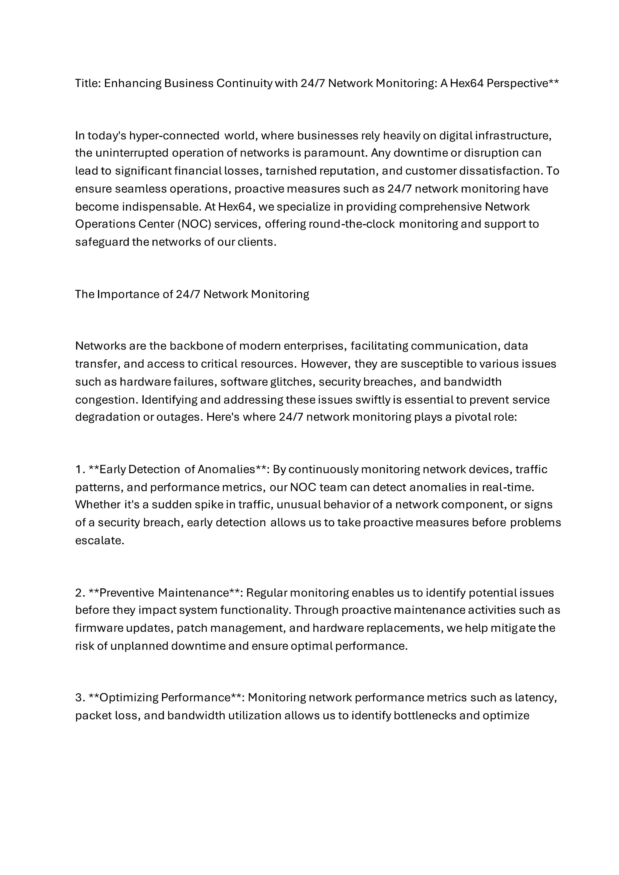 Enhancing Business Continuity with 24/7 Network Monitoring: A Hex64 ...