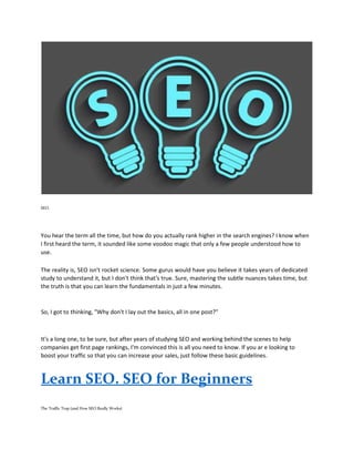 SEO.
You hear the term all the time, but how do you actually rank higher in the search engines? I know when
I first heard the term, it sounded like some voodoo magic that only a few people understood how to
use.
The reality is, SEO isn't rocket science. Some gurus would have you believe it takes years of dedicated
study to understand it, but I don't think that's true. Sure, mastering the subtle nuances takes time, but
the truth is that you can learn the fundamentals in just a few minutes.
So, I got to thinking, "Why don't I lay out the basics, all in one post?"
It's a long one, to be sure, but after years of studying SEO and working behind the scenes to help
companies get first page rankings, I'm convinced this is all you need to know. If you ar e looking to
boost your traffic so that you can increase your sales, just follow these basic guidelines.
Learn SEO. SEO for Beginners
The Traffic Trap (and How SEO Really Works)
 