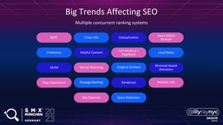 Big Trends Affecting SEO
Multiple concurrent ranking systems
BERT Crisis Info Deduplication
Freshness Helpful Content
Link Analysis +
PageRank
Local News
MUM Neural Matching
Page Experience Rankbrain
Site Diversity Spam Detection
Exact Match
Domain
Original Content Removal-based
demotion
Passage Ranking Reliable Info
 