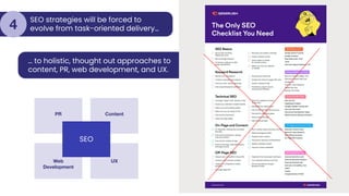 … to holistic, thought out approaches to
content, PR, web development, and UX.
SEO strategies will be forced to
evolve from task-oriented delivery…
4
SEO
PR Content
UX
Web
Development
 