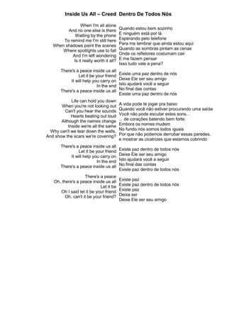 Inside Us All – Creed
When I'm all alone
And no one else is there
Waiting by the phone
To remind me I'm still here
When shadows paint the scenes
Where spotlights use to fall
And I'm left wondering
Is it really worth it all?
There's a peace inside us all
Let it be your friend
It will help you carry on
In the end
There's a peace inside us all
Life can hold you down
When you're not looking out
Can't you hear the sounds
Hearts beating out loud
Although the names change
Inside we're all the same
Why can't we tear down the walls,
And show the scars we're covering?
There's a peace inside us all
Let it be your friend
It will help you carry on
In the end
There's a peace inside us all
There's a peace
Oh, there's a peace inside us all
Let it be
Oh I said let it be your friend
Oh, can't it be your friend?
Dentro De Todos Nós
Quando estou bem sozinho
E ninguém está por lá
Esperando pelo telefone
Para me lembrar que ainda estou aqui
Quando as sombras pintam as cenas
Onde os refletores costumam cair
E me fazem pensar
Isso tudo vale a pena?
Existe uma paz dentro de nós
Deixe Ele ser seu amigo
Isto ajudará você a seguir
No final das contas
Existe uma paz dentro de nós
A vida pode te jogar pra baixo
Quando você não estiver procurando uma saída
Você não pode escutar estes sons...
... de corações batendo bem forte.
Embora os nomes mudem
No fundo nós somos todos iguais
Por que não podemos derrubar essas paredes,
e mostrar as cicatrizes que estamos cobrindo
Existe paz dentro de todos nós
Deixe Ele ser seu amigo
Isto ajudará você a seguir
No final das contas
Existe paz dentro de todos nós
Existe paz
Existe paz dentro de todos nós
Existe paz
Deixa ser
Deixe Ele ser seu amigo
 