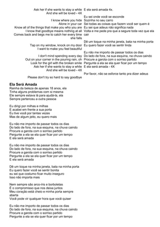 Ask her if she wants to stay a while
And she will be loved - 4X
I know where you hide
Alone in your car
Know all of the things that make you who you are
I know that goodbye means nothing at all
Comes back and begs me to catch her every time
she falls
Tap on my window, knock on my door
I want to make you feel beautiful
I don't mind spending every day
Out on your corner in the pouring rain, oh
Look for the girl with the broken smile
Ask her if she wants to stay a while
And she will be loved - 4X
Please don't try so hard to say goodbye
Ela Será Amada
Rainha da beleza de apenas 18 anos, ela
Tinha alguns problemas com si mesma
Ele sempre estava lá para ajudá-la, ela
Sempre pertenceu a outra pessoa
Eu dirigi por milhas e milhas
E acabei em frente a sua porta
Eu tive você por tantas vezes
Mas de algum jeito, eu quero mais
Eu não me importo de passar todos os dias
Do lado de fora, na sua esquina, na chuva caindo
Procure a garota com o sorriso partido
Pergunte a ela se ela quer ficar por um tempo
E ela será amada
Eu não me importo de passar todos os dias
Do lado de fora, na sua esquina, na chuva caindo
Procure a garota com o sorriso partido
Pergunte a ela se ela quer ficar por um tempo
E ela será amada
Dê um toque na minha janela, bata na minha porta
Eu quero fazer você se sentir bonita
eu sei que costumo ficar muito inseguro
Isso não importa mais
Nem sempre são arco-íris e borboletas
É o compromisso que nos deixa juntos
Meu coração está cheio e minha porta sempre
aberta
Você pode vir qualquer hora que você quiser
Eu não me importo de passar todos os dias
Do lado de fora, na sua esquina, na chuva caindo
Procure a garota com o sorriso partido
Pergunte a ela se ela quer ficar por um tempo
E ela será amada 4x.
Eu sei onde você se esconde
Sozinha no seu carro
Sei todas as coisas que fazem você ser quem é
Eu sei que adeus não significa nada
Volta e me pede pra que a segure toda vez que ela
cair
Dê um toque na minha janela, bata na minha porta
Eu quero fazer você se sentir linda
Eu não me importo de passar todos os dias
Do lado de fora, na sua esquina, na chuva caindo
Procure a garota com o sorriso partido
Pergunte a ela se ela quer ficar por um tempo
E ela será amada - 4X
Por favor, não se esforce tanto pra dizer adeus
 