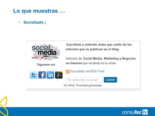 Paneles
• Configurar a la medida de nuestras necesidades.
• Hay multiples modelos que podemos descargar y aplicar a
nuestra cuenta.
• Algunas referencias
• http://www.contunegocio.es/marketing/5-paneles-google-
analytics-entender-web/
• http://www.robertoballester.com/sacandole-partido-a-los-paneles-
o-dashboards-de-google-analytics/
• Mas
• Basic blog dashboard: http://goo.gl/wWy9j
• Social media dashboard: http://goo.gl/gafiH
• Mobile eCommerce dashboard: http://goo.gl/I322w
• Site Performance dashboard: http://goo.gl/eZfV5
• Engaged Traffic advanced segment: http://goo.gl/4HFoo
• Daily eCommerce report: http://goo.gl/e0Ksy
• Dashboards con información en tiempo real: http://p.barker.dj/realtimedashboards
 