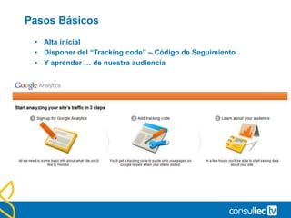 Pasos Básicos
• Alta inicial
• Disponer del “Tracking code” – Código de Seguimiento
• Y aprender … de nuestra audiencia
 