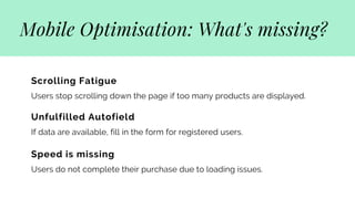 Mobile Optimisation: What's missing?
Scrolling Fatigue
Users stop scrolling down the page if too many products are displayed.
Unfulfilled Autofield
If data are available, fill in the form for registered users.
Speed is missing
Users do not complete their purchase due to loading issues.
 