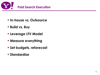 Paid Search Execution In-house vs. Outsource  Build vs. Buy Leverage LTV Model Measure everything Set budgets, reforecast Standardize 