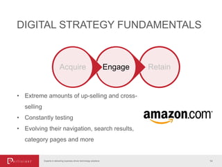 14Experts in delivering business-driven technology solutions
DIGITAL STRATEGY FUNDAMENTALS
• Extreme amounts of up-selling and cross-
selling
• Constantly testing
• Evolving their navigation, search results,
category pages and more
RetainEngageAcquire
 
