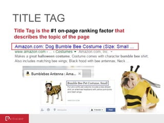 Title Tag is the #1 on-page ranking factor that
describes the topic of the page
TITLE TAG
 