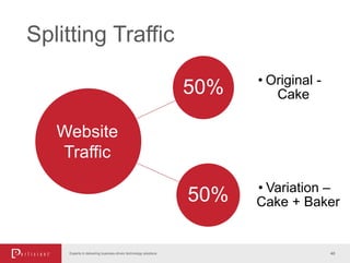 Splitting Traffic
46Experts in delivering business-driven technology solutions
50% • Original -
Cake
50% • Variation –
Cake + Baker
Website
Traffic
 