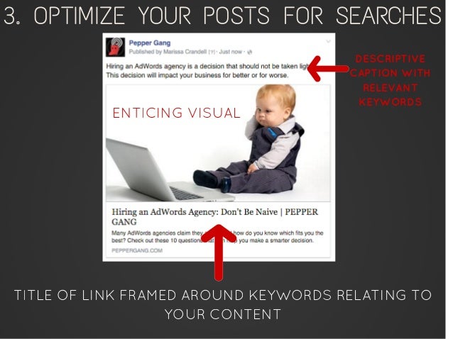 3. OPTIMIZE YOUR POSTS FOR SEARCHES
DESCRIPTIVE
CAPTION WITH
RELEVANT
KEYWORDS
ENTICING VISUAL
TITLE OF LINK FRAMED AROUND...