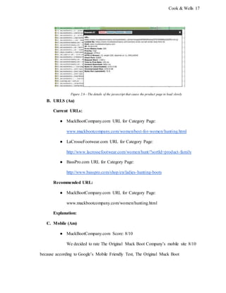Cook & Wells 17
Figure 2.6 - The details of the javascript that cause the product page to load slowly
B. URLS (Au)
Current URLs:
● MuckBootCompany.com URL for Category Page:
www.muckbootcompany.com/women/best-for-women/hunting.html
● LaCrosseFootwear.com URL for Category Page:
http://www.lacrossefootwear.com/women/hunt/?sortId=product-family
● BassPro.com URL for Category Page:
http://www.basspro.com/shop/en/ladies-hunting-boots
Recommended URL:
● MuckBootCompany.com URL for Category Page:
www.muckbootcompany.com/women/hunting.html
Explanation:
C. Mobile (Am)
● MuckBootCompany.com Score: 8/10
We decided to rate The Original Muck Boot Company’s mobile site 8/10
because according to Google’s Mobile Friendly Test, The Original Muck Boot
 