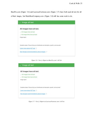 Cook & Wells 25
BassPro.com (Figure 3.6) and LacrosseFootwear.com (Figure 3.7) have both used alt text for all
of their images, but MuckBootCompany.com (Figure 3.8) still has some work to do.
Figure 3.6 - Varvy’s Report on BassPro.com’s Alt Text
Figure 3.7 - Varvy’s Report on LacrosseFootwear.com’s Alt Text
 