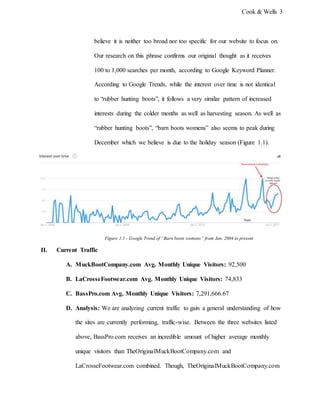 Cook & Wells 3
believe it is neither too broad nor too specific for our website to focus on.
Our research on this phrase confirms our original thought as it receives
100 to 1,000 searches per month, according to Google Keyword Planner.
According to Google Trends, while the interest over time is not identical
to “rubber hunting boots”, it follows a very similar pattern of increased
interests during the colder months as well as harvesting season. As well as
“rubber hunting boots”, “barn boots womens” also seems to peak during
December which we believe is due to the holiday season (Figure 1.1).
Figure 1.1 - Google Trend of “Barn boots womens” from Jan. 2004 to present
II. Current Traffic
A. MuckBootCompany.com Avg. Monthly Unique Visitors: 92,500
B. LaCrosseFootwear.com Avg. Monthly Unique Visitors: 74,833
C. BassPro.com Avg. Monthly Unique Visitors: 7,291,666.67
D. Analysis: We are analyzing current traffic to gain a general understanding of how
the sites are currently performing, traffic-wise. Between the three websites listed
above, BassPro.com receives an incredible amount of higher average monthly
unique visitors than TheOriginalMuckBootCompany.com and
LaCrosseFootwear.com combined. Though, TheOriginalMuckBootCompany.com
 